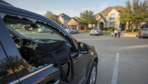 Broken car window in a Dallas parking lot with an empty laptop bag, illustrating homeowners insurance stolen items from car Dallas coverage