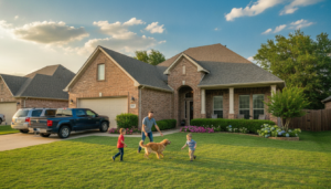 A brick single-family home in a Dallas-Fort Worth suburb under a blue Texas sky, illustrating what does homeowners insurance cover DFW