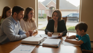 Dallas-Fort Worth family reviewing homeowners insurance before closing Dallas paperwork with a local Allstate agent