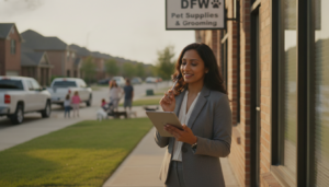 Small business owner reviewing factors affecting small business insurance costs Dallas-Fort Worth outside a DFW storefront