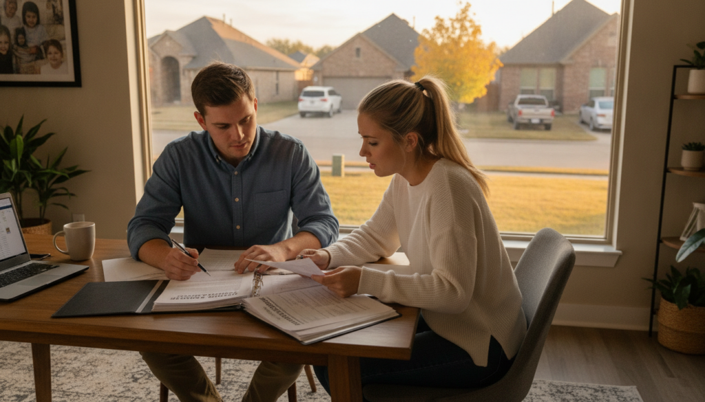 Young couple reviewing paperwork in a Dallas-Fort Worth apartment, illustrating renters insurance mistakes Dallas tenants should avoid