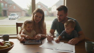 Young family in a Dallas-Fort Worth neighborhood reviewing life insurance options DFW families consider at their kitchen table