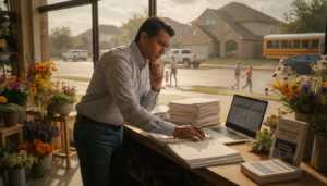 DFW small business owner reviewing paperwork at a shop counter, illustrating common small business insurance mistakes DFW owners should avoid