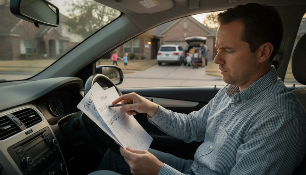 A DFW driver comparing auto insurance documents in a car, illustrating how to switch auto insurance Dallas Fort Worth