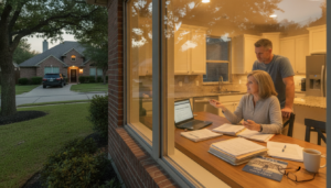 A DFW homeowner reviewing paperwork at a kitchen table while learning how to get a homeowners insurance quote in the Dallas-Fort Worth area