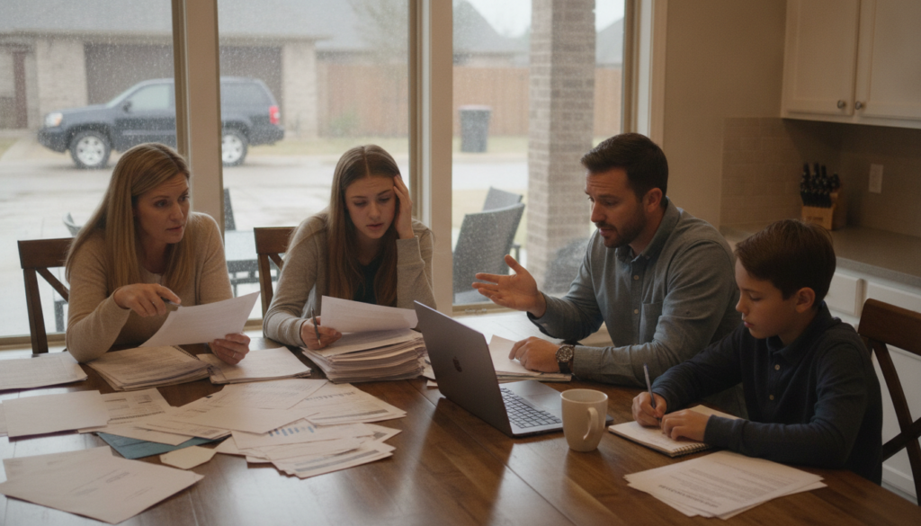 DFW family reviewing paperwork at a kitchen table, illustrating common life insurance mistakes DFW families make