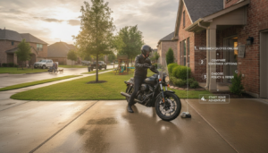 A rider parking a motorcycle in a Dallas-Fort Worth neighborhood, illustrating how to get motorcycle insurance in Dallas Fort Worth
