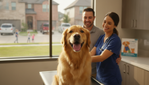 A happy dog at a Dallas-Fort Worth veterinary clinic illustrating what does pet insurance cover Dallas