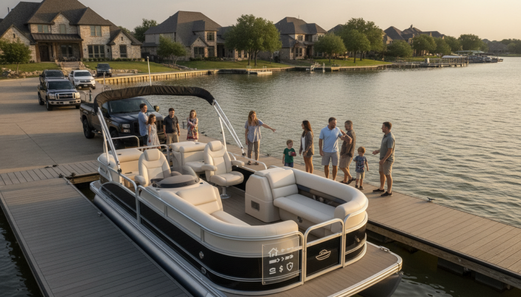 A pontoon boat docked at a Dallas-Fort Worth lake marina, illustrating boat insurance cost Dallas Fort Worth