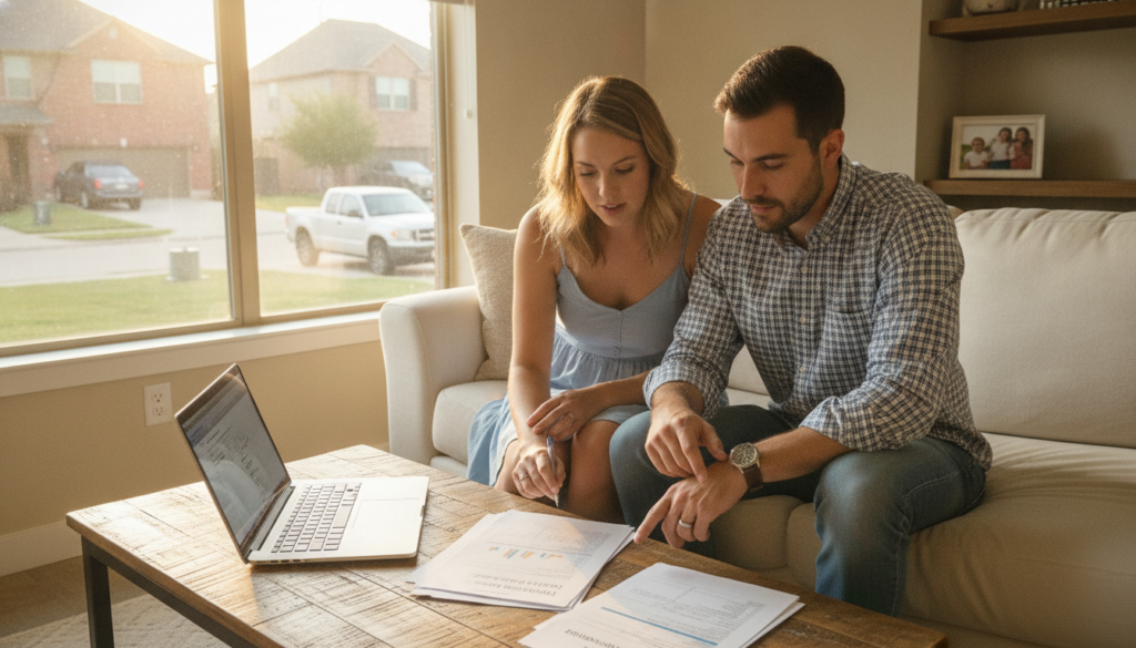 Young couple reviewing renters insurance cost Dallas Fort Worth paperwork in a DFW apartment living room