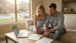Young couple reviewing renters insurance cost Dallas Fort Worth paperwork in a DFW apartment living room