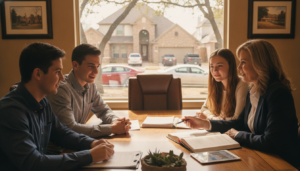 Family reviewing paperwork with a local insurance agent in a Dallas Fort Worth office, illustrating the benefits of local insurance agent Dallas Fort Worth