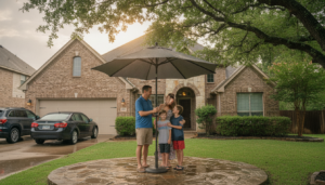A DFW family standing in front of their Dallas-Fort Worth home under a large umbrella, illustrating what is umbrella insurance DFW households consider