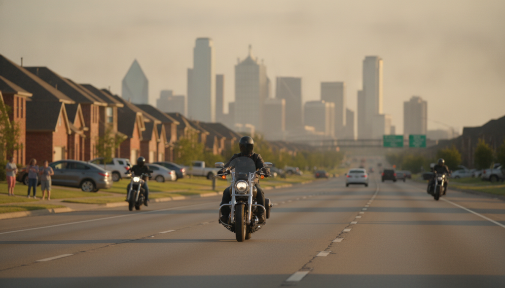 A motorcycle rider on a highway near the Dallas-Fort Worth skyline, illustrating motorcycle insurance mistakes DFW riders should avoid