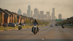 A motorcycle rider on a highway near the Dallas-Fort Worth skyline, illustrating motorcycle insurance mistakes DFW riders should avoid