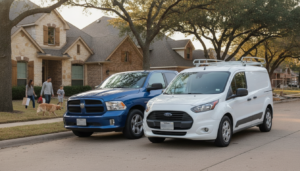Small business work van and pickup truck parked at a Dallas job site illustrating commercial auto insurance requirements Dallas