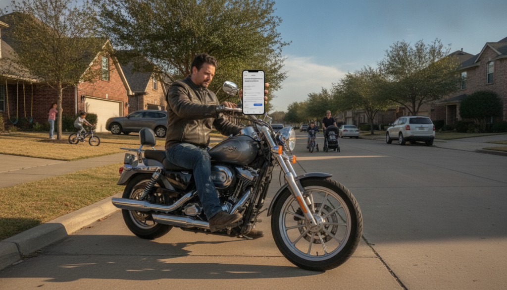 A rider parking a cruiser motorcycle on a Dallas-Fort Worth street while researching motorcycle insurance cost Dallas Fort Worth