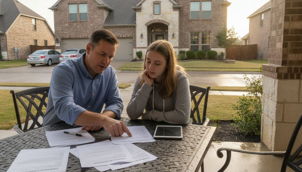 Parent and teenager reviewing auto insurance for teen driver DFW paperwork outside a Dallas-Fort Worth home