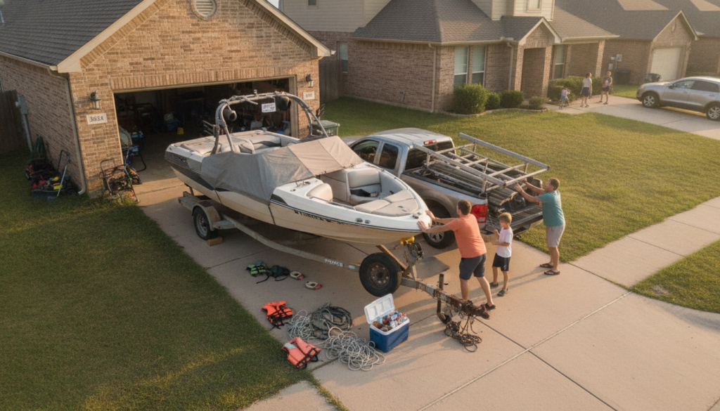 Boat on a trailer at a Dallas-Fort Worth lake illustrating common boat insurance mistakes DFW owners make