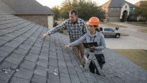 DFW homeowner inspecting roof hail damage with a local roofer before filing a roof hail damage claim DFW