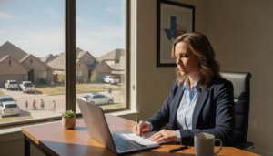 DFW small business owner reviewing a data breach insurance claim on a laptop in a Dallas-Fort Worth office