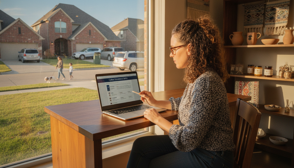 Dallas-Fort Worth small business owner reviewing cyber insurance for small business DFW options on a laptop at the shop counter