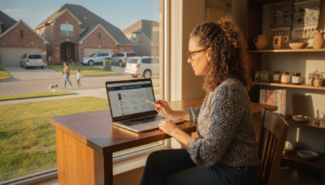 Dallas-Fort Worth small business owner reviewing cyber insurance for small business DFW options on a laptop at the shop counter