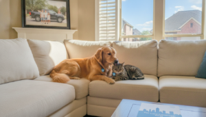 A happy dog and cat together at home in a Dallas Fort Worth living room, illustrating pet insurance cost Dallas Fort Worth