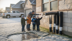 Frozen outdoor faucet and insulated pipes on a Dallas-Fort Worth home during a winter freeze, illustrating homeowners insurance burst pipes DFW winter freeze preparedness