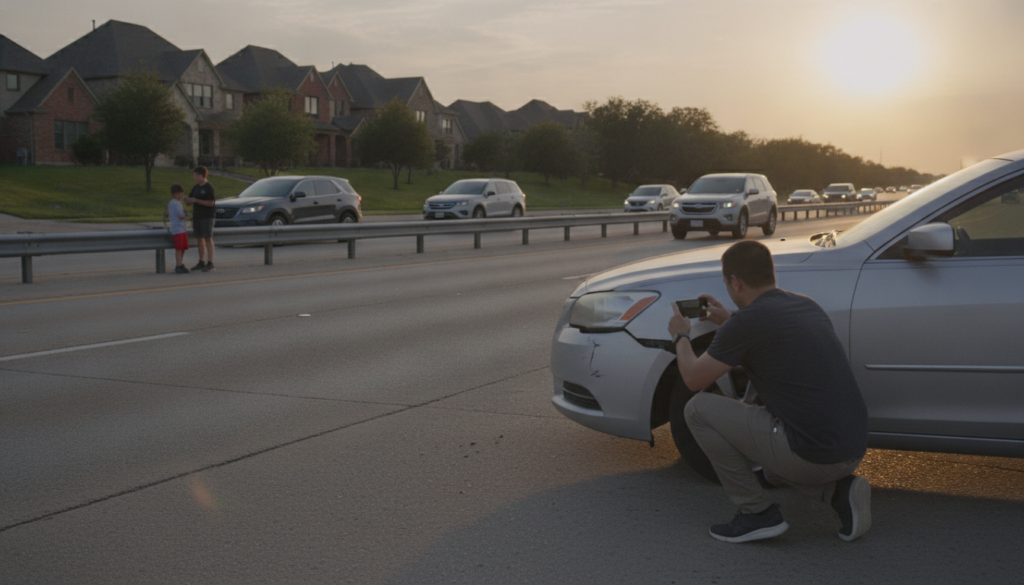 Driver photographing vehicle damage on a Dallas-Fort Worth highway shoulder, showing what to do after car accident DFW insurance claim steps